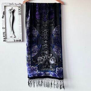 Evening Cocktail Velvet Burnout Silk Blend Beaded Fringe Scarf Wrap